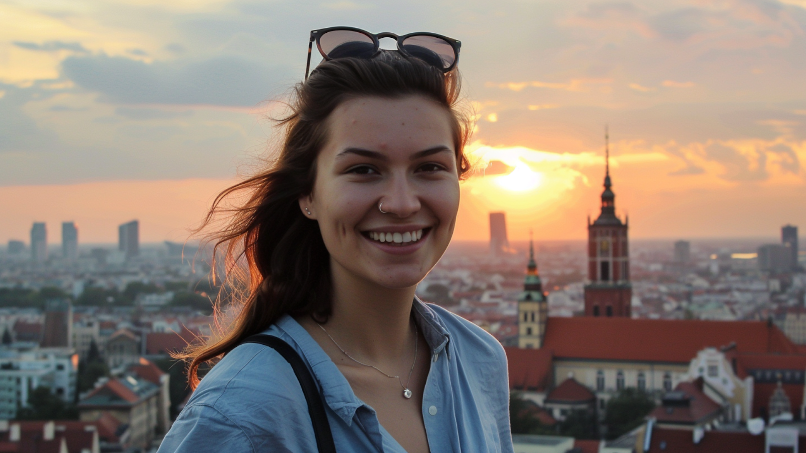 A woman smiling with Warsaw, Poland’s beautiful cityscape as her background