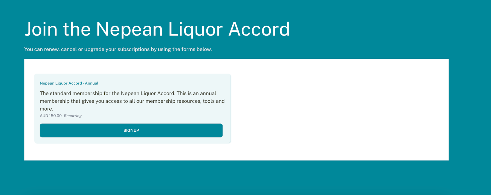join the nepean liquor accord signup screen 