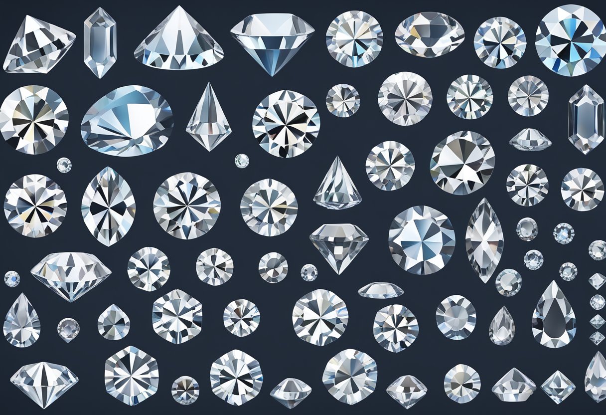 A display of lab-grown diamonds in various shapes, sizes, and colors, showcasing the customization and variety available