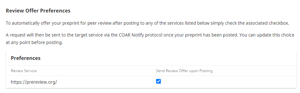A screenshot of the Review Offer Preferences options on SciELO Preprints with PREreview selected as a recipient of those requests