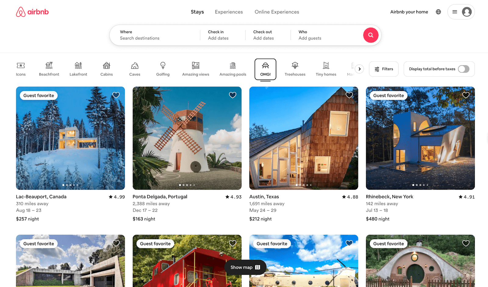 A screenshot of unique Airbnb options under the "OMG!" tab.