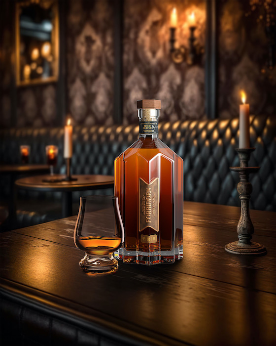 Product photo of bottle of dark liquor on candlelit wooden pub table, with AI generated background and glass, by Cincinnati-based food/drink photographer Teri Campbell.