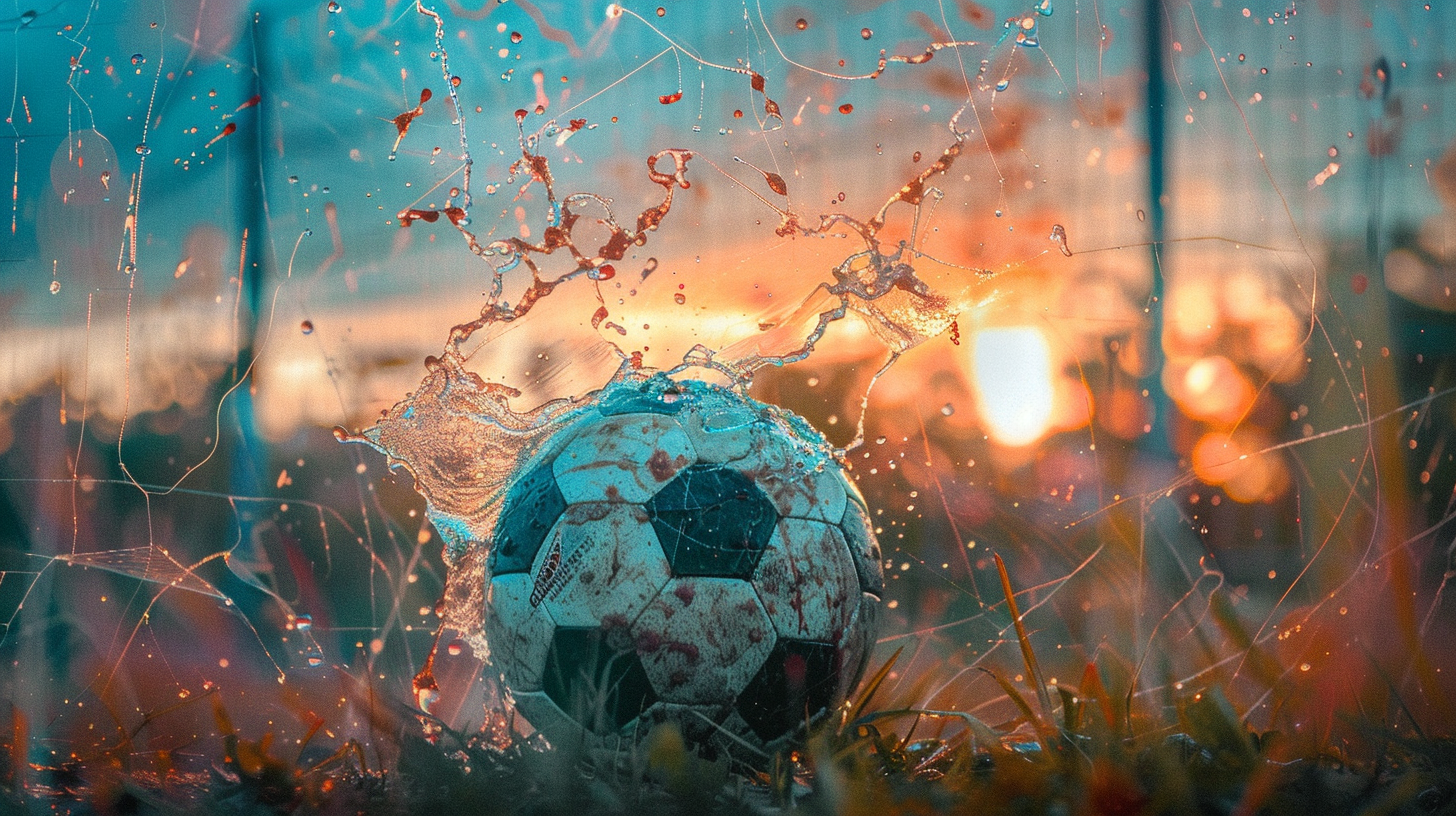 Футбольный мяч ударяется об лужу на газоне