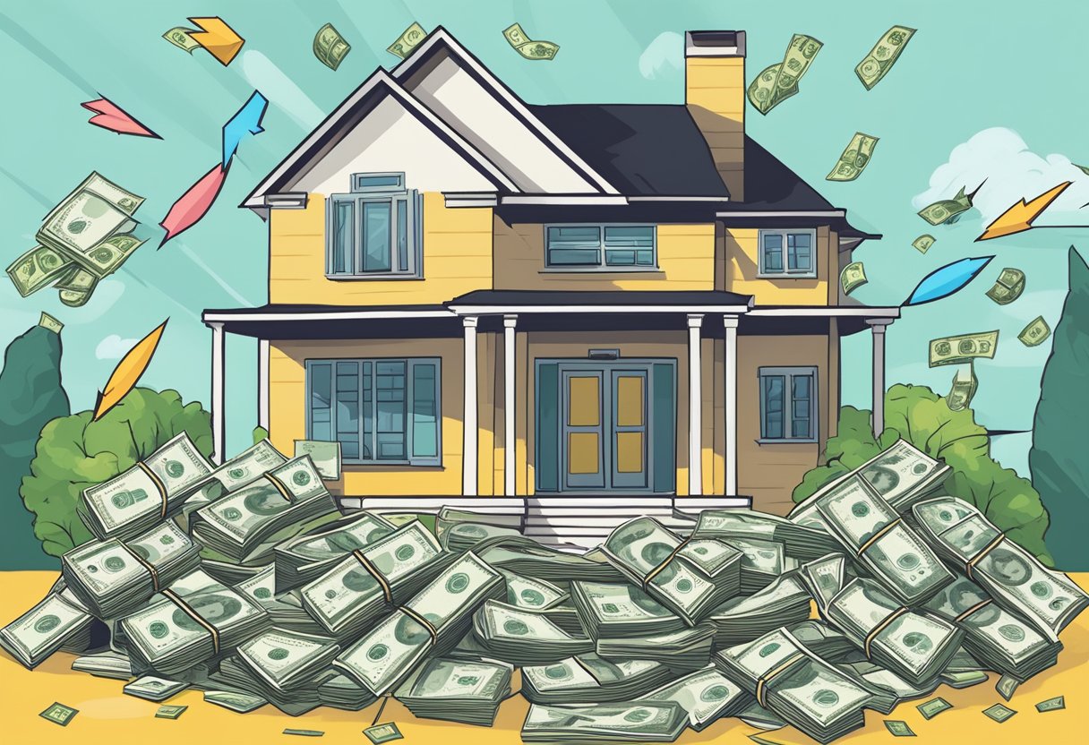 A house surrounded by cash with arrows pointing to potential pitfalls and pros and cons