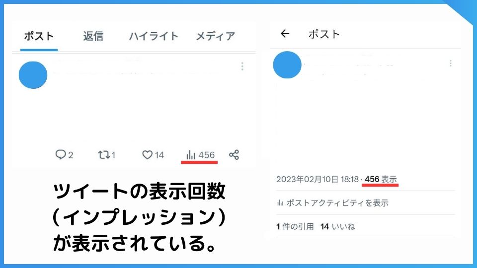 X（旧Twitter）のポスト最下部には、ツイートの表示回数（インプレッション）が表示されている。