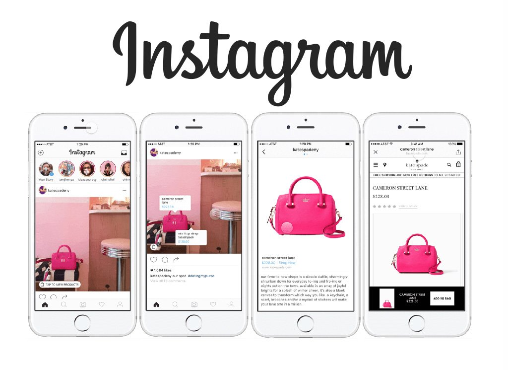 An image showing a pink handbag on Instagram across 4 Iphones.