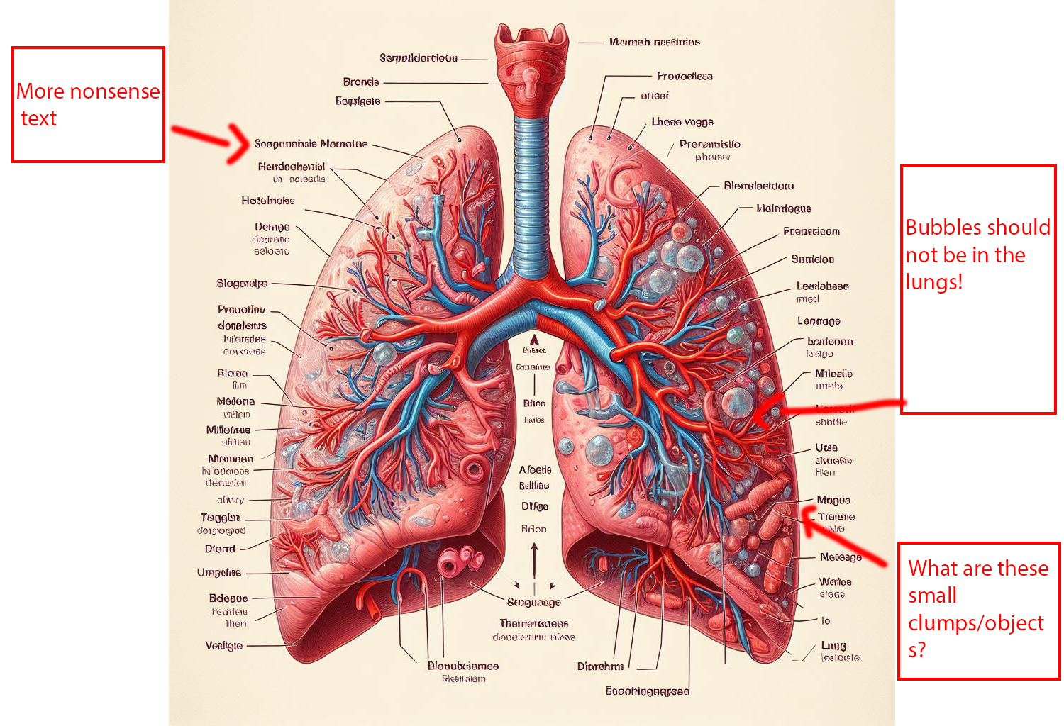 An image of an AI generated diagram of the lungs is featured with red text boxes pointing to errors. In the upper left, a box says "more nonsense text" and a red line points to oddly generated letters that mean nothing. On the right side, a box says "bubbles should not be in the lungs!" with a red line pointing to  what looks to be odd bubbles inside the lungs. Below it, a red box reads "what are these small clumps/objects?" and it points to what looks to be red large bacteria and clumps on the lungs. 
