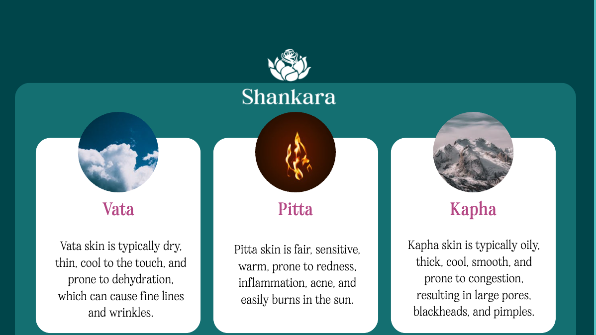 An infophraphic highlighing the differences between Vata, Pitta and Kapha skin types.