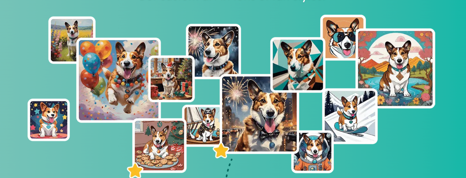 Image of a variety of AI pet portraits of a corgi from pugmug.ai