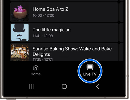 Live TV tab highlighted on a Galaxy S24 Ultra