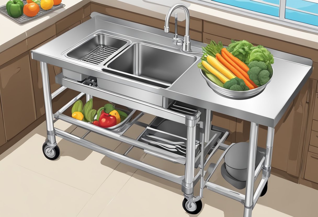 A stainless steel sink sits on a portable cart, surrounded by food prep tools. It is connected to a water source and features a drain for easy cleaning