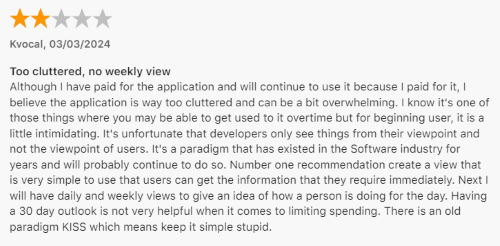 A 2-star review from a Copilot user who finds the app too cluttered and overwhelming. 