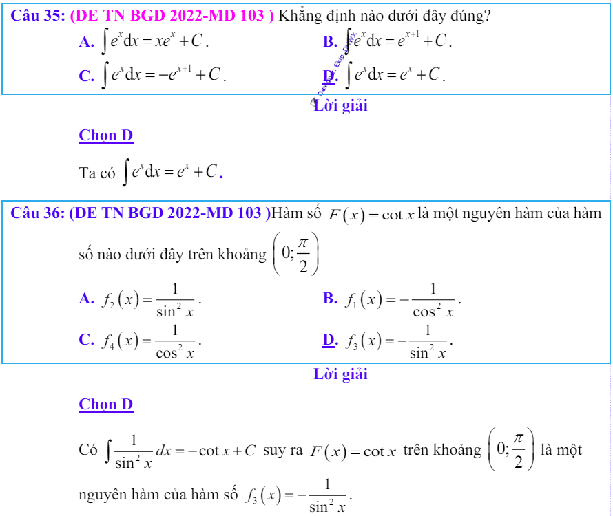 Công thức Nguyên hàm và bài tập từ đề thi có giải chi tiết