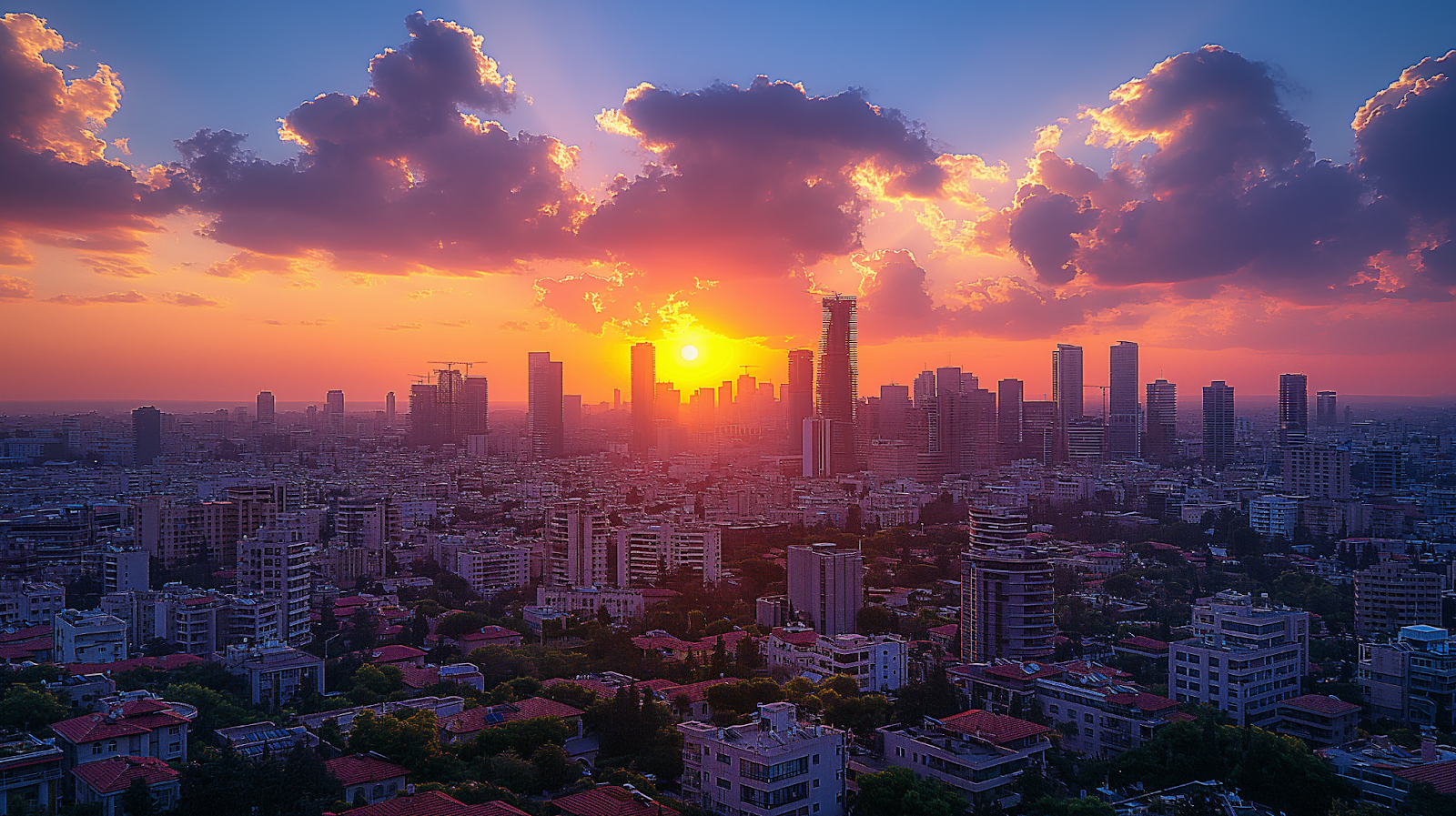Sunset over Tel Aviv, showing a striking contrast between the historic buildings of Jaffa and the city's modern skyscrapers, under a vibrant orange sky.