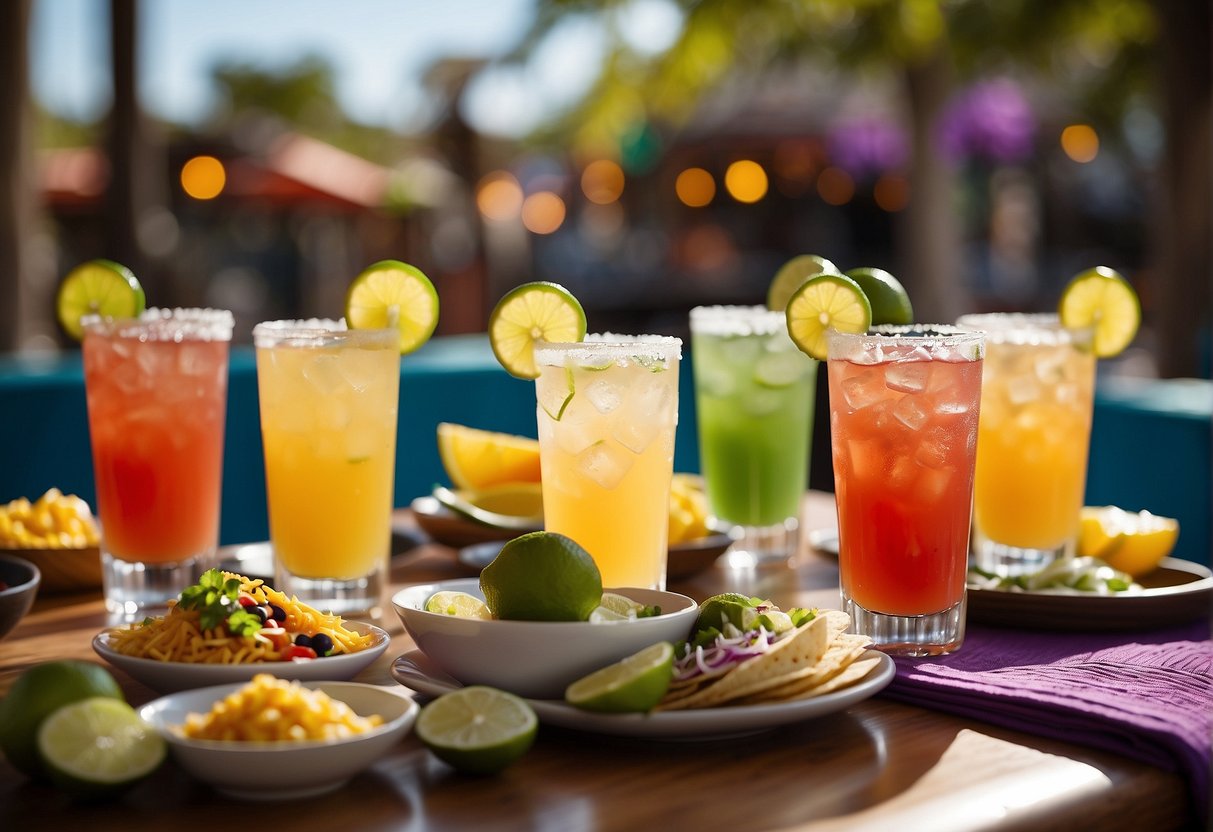 A festive table with colorful margaritas, tacos, and Mexican decor. Traditional and modern drinks are featured for a Cinco de Mayo celebration