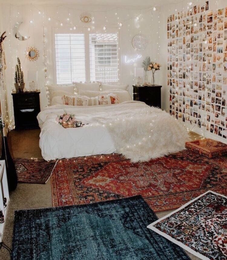 bedroom with a polaroid wall