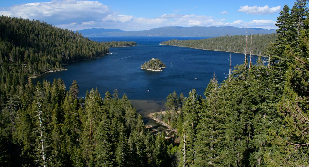 Aerial view of Emerald Bay in Lake Tahoe, California on a summer day with Fannette Island in the middle.
