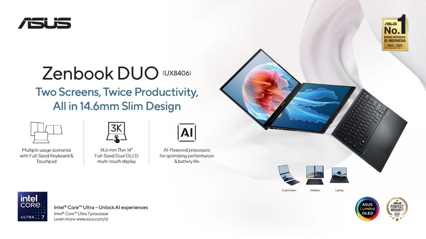 ASUS Zenbook DUO, Laptop Dual-Screen OLED Terbaik di Dunia ASUS Zenbook DUO (UX8406) hadir dengan desain dan fitur revolusioner yang dirancang untuk memaksimalkan produktivitas melalui teknologi dua layar serta AI.