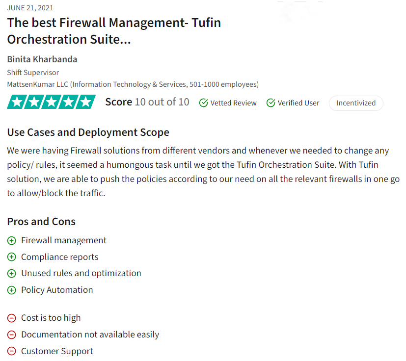 This image gives a user review about Tufin, one of the Qualys alternatives. It is taken from Trustradius.