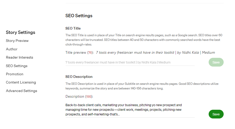 SEO settings on Medium to optimize the article for better rankings