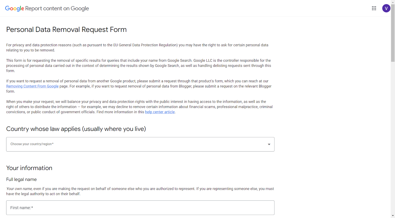 Google's personal data removal request form