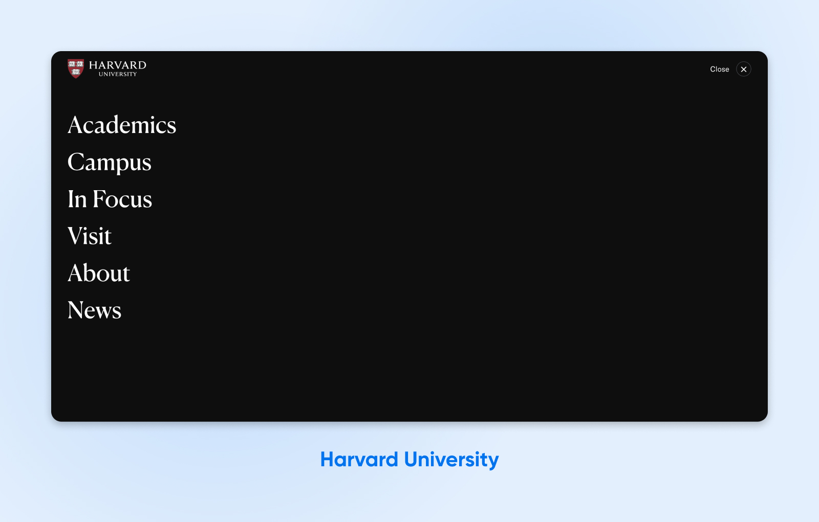 Menú de navegación principal de la Universidad de Harvard con pestañas Acerca de y Académicos en texto blanco grande sobre un fondo negro.