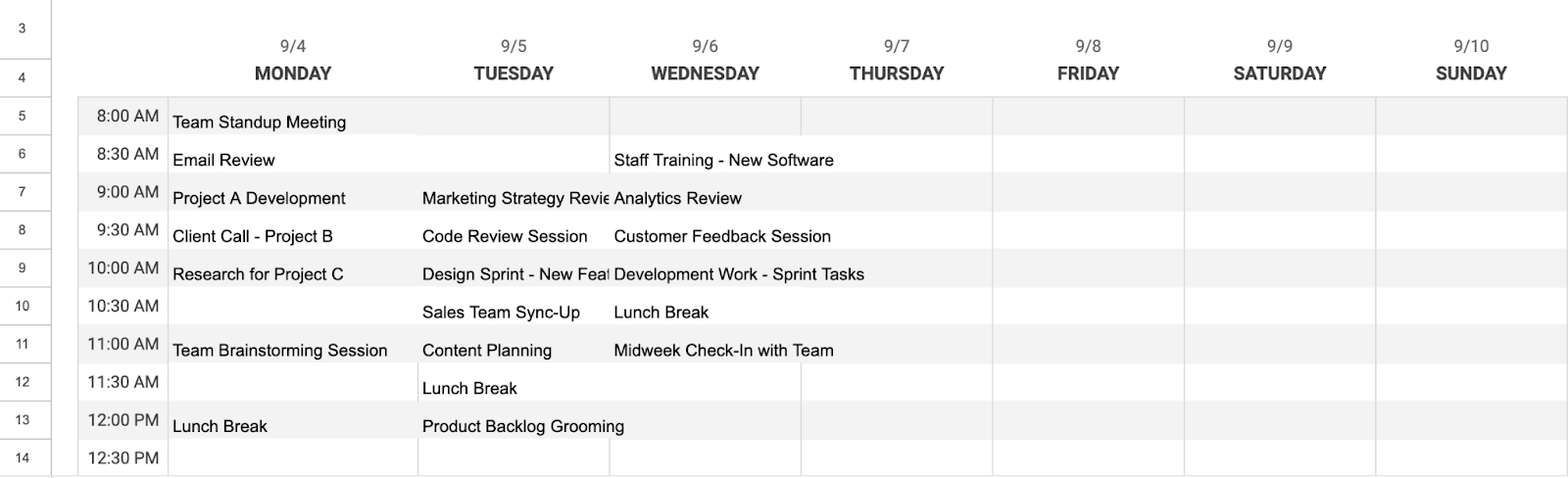 Customizing a Google Sheets daily schedule template with tasks and meetings listed for each weekday.