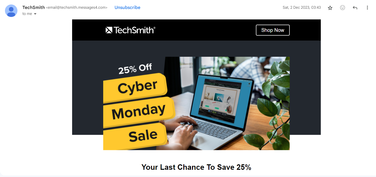 Email banner example with essential details from TechSmith
