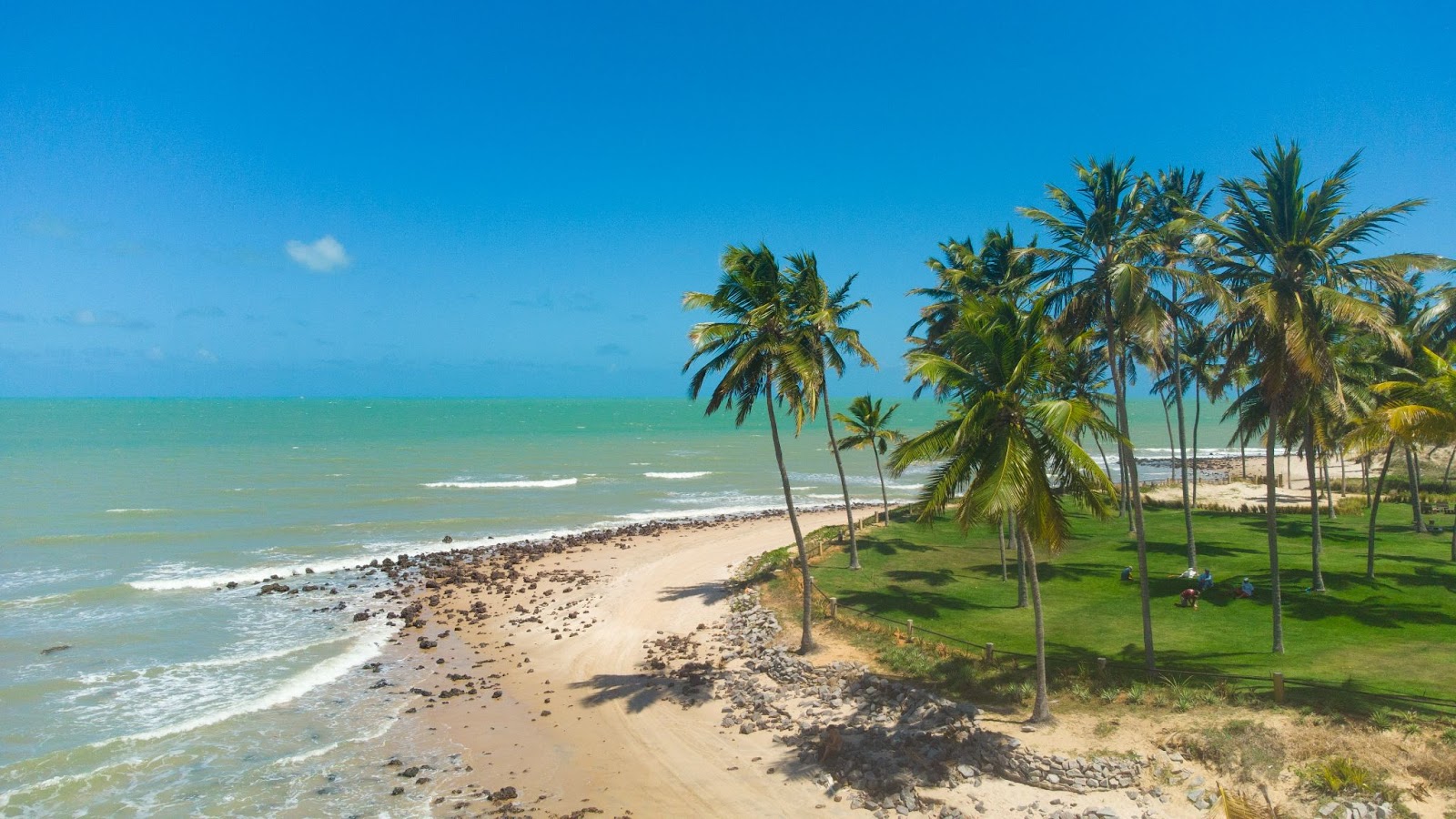 Vista aérea da Praia de Maracajaú. Cú azul e limpo em contraste com o azul esverdeado do mar, em frente à faixa de areia que conta com gramado e coqueiros.