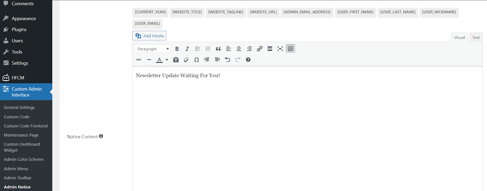 Admin Notice Message Insertion Box