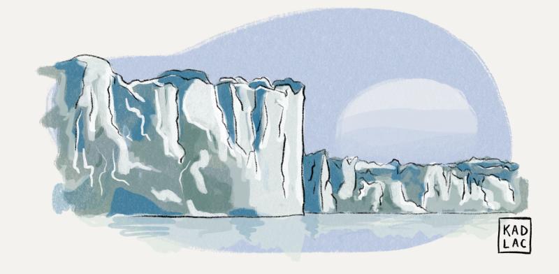 A drawing of a landscape filled with glaciers
