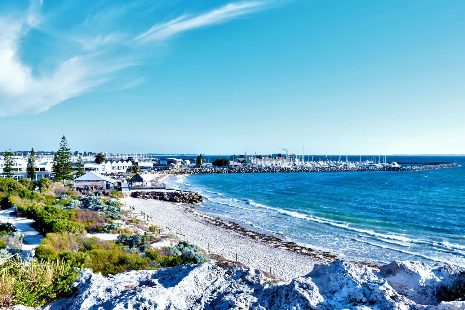 Bathers Beach coastline with white sand and clean blue waters