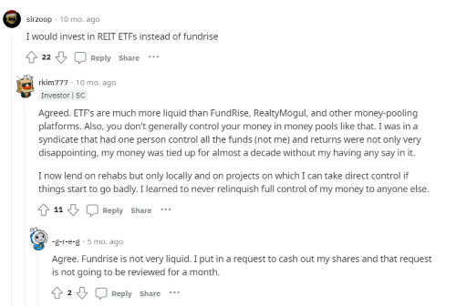 A person on Reddit suggests not using either Fundrise vs Realty Mogul. 