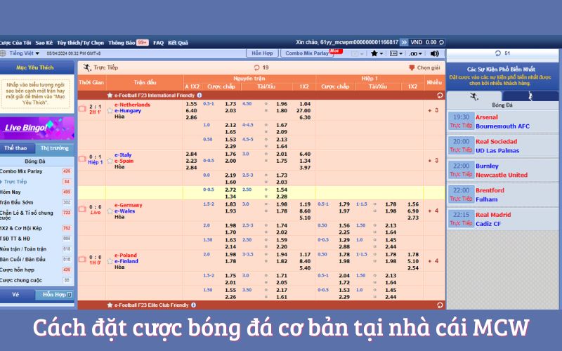 Cách đặt cược bóng đá cơ bản tại nhà cái MCW