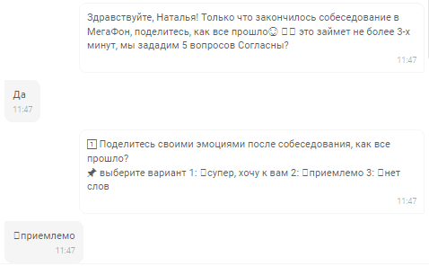 Чат-бот ведёт диалог на «вы» и задаёт вопросы по пройденному собеседованию