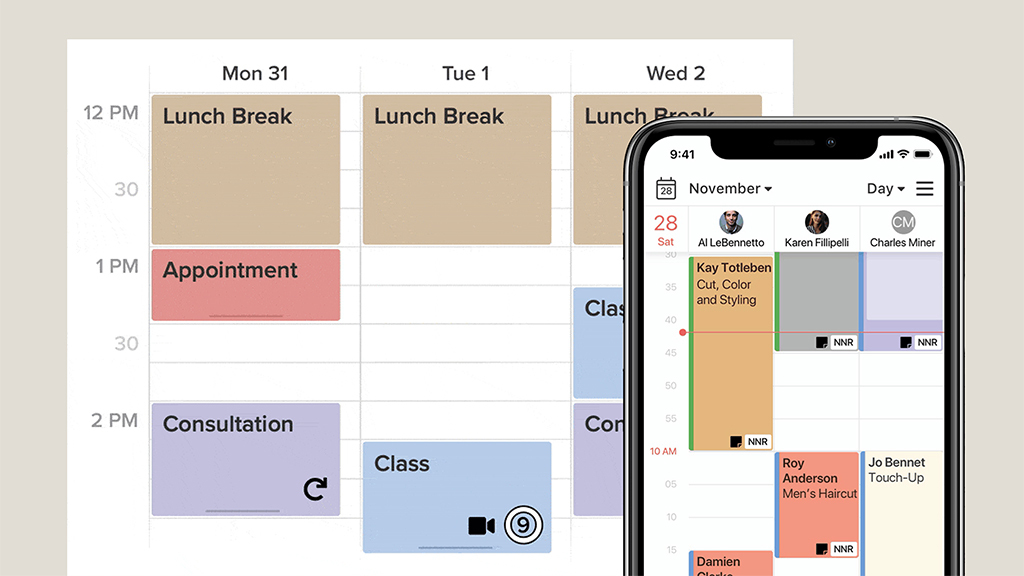 GlossGenius desktop calendar and mobile app screenshot/examples.