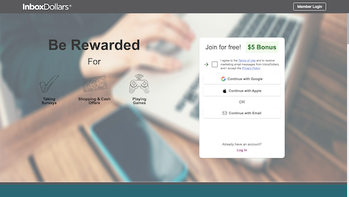 The InboxDollars sign-up page offering a $5 bonus for joining. 