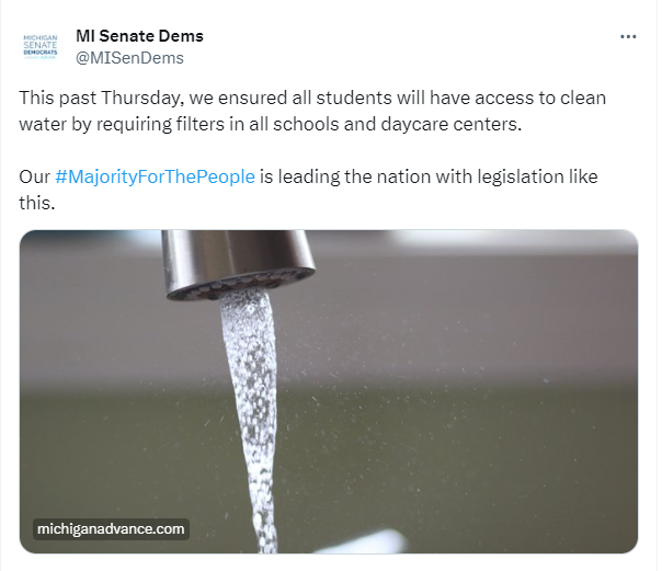 Michigan Senate Dems tweet about the law passed to ensure all schools and daycares have filtered water