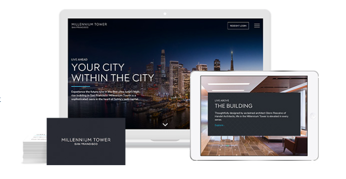 Real estate marketing website design for Millennium Tower San Francisco, featuring a night cityscape background and information about luxurious living spaces, visible on a desktop and tablet layout