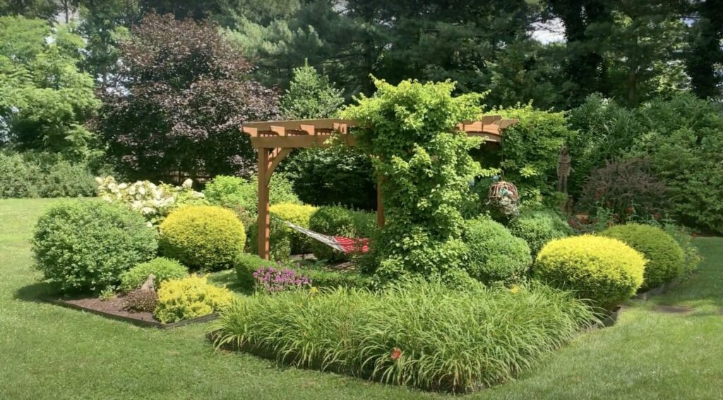 An outdoor landscape design with shrubs, flowers, and freshly cut grass. There is a pergola over a hammock in the center of the garden.