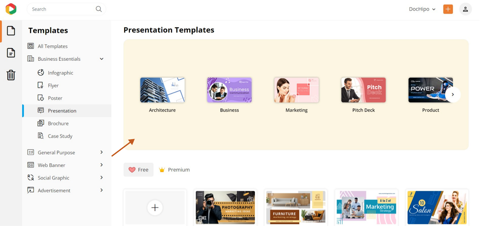 Search templates on DocHipo Presentation Software