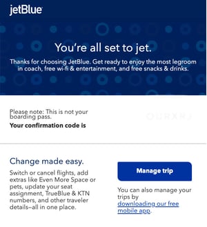 Ví dụ xác nhận email từ JetBlue.