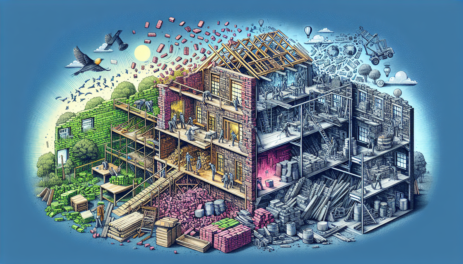 Illustration of sustainable construction with reclaimed materials