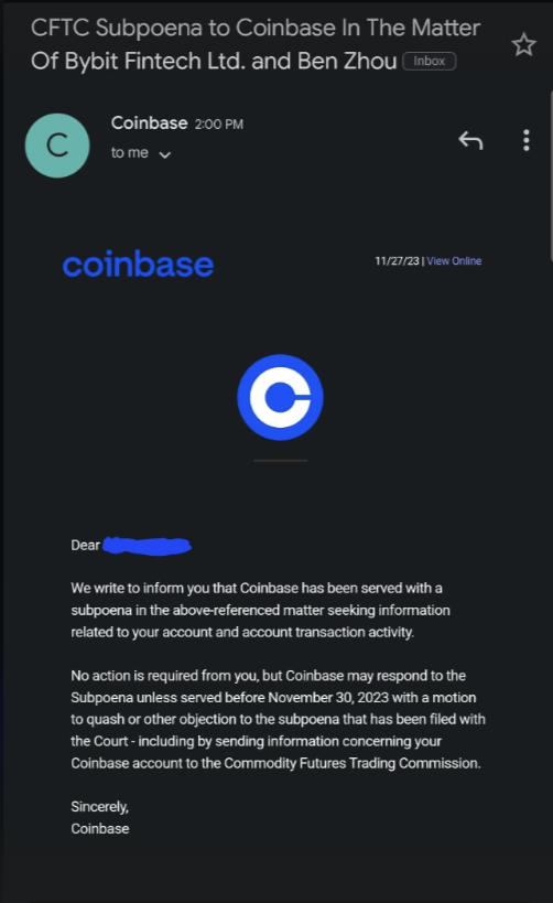 Official Coinbase email notifying users of CFTC probe.