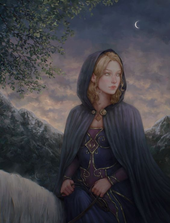 An illustration of a fair-haired woman adorned in a blue gown and a matching cloak mounted atop a steed, traveling under the veil of darkness.