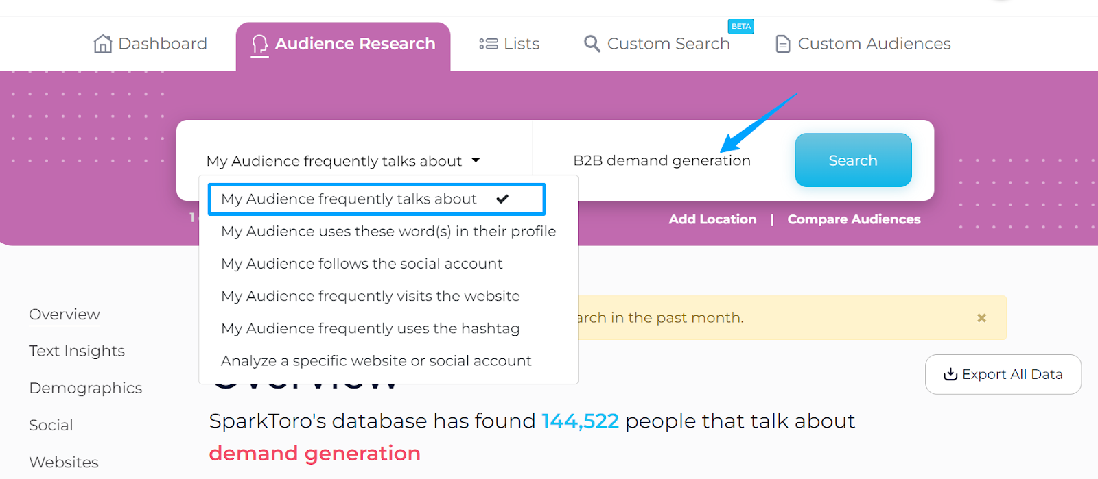 Audience research inside SparkToro tool