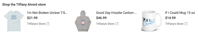 Screenshot of the types of items Tiffany Alvord sells on her YouTube channel, like hoodies, tees and mugs
