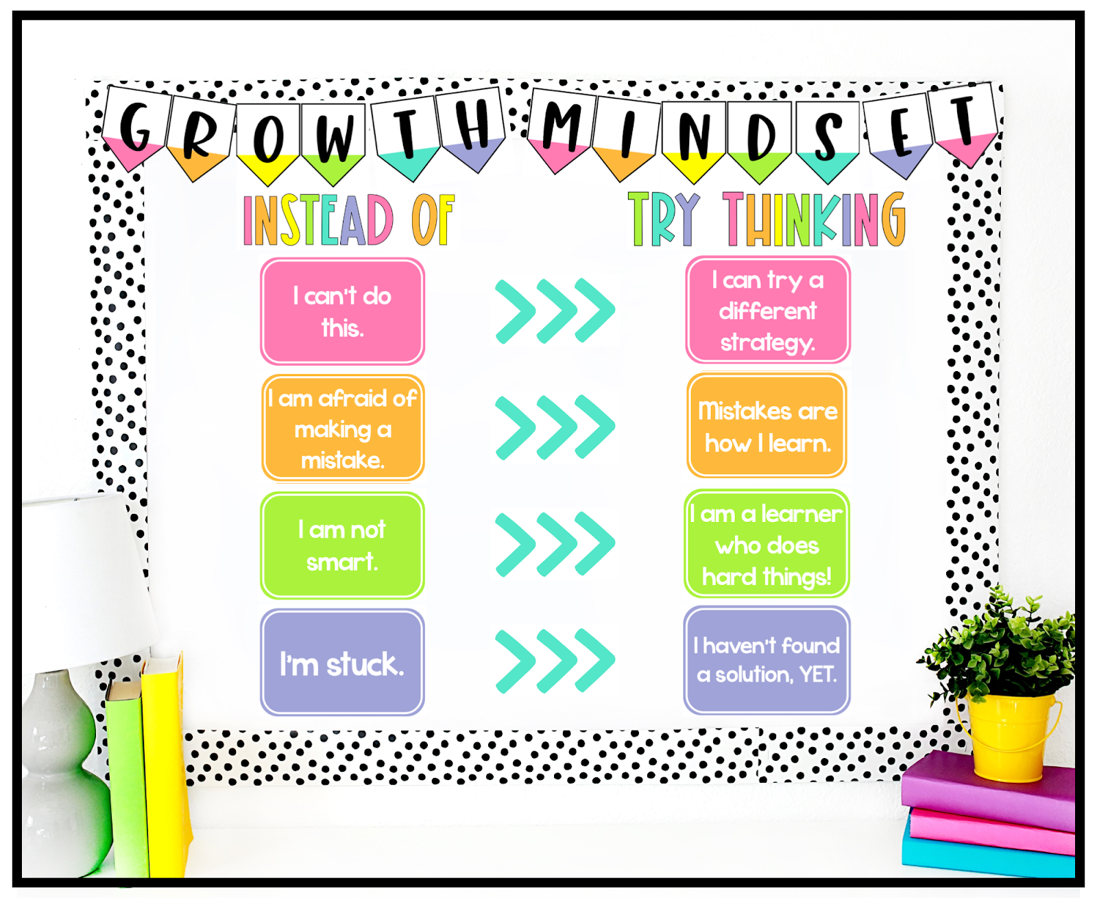 This image shows a growth mindset bulletin board display. One side of the display says "Instead of" and lists phrases or sayings like "I can't do this" or "I am not smart". The other side of the display says "Try thinking" and lists phrases like "I can try a different strategy" and "I am a learner who does hard things!" 