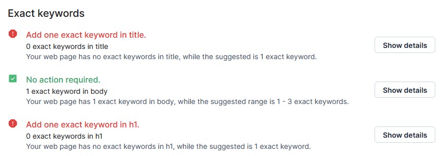 Surfer SEO Exact Keywords page screenshot
